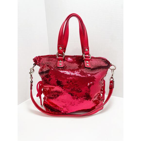 Coach Poppy Red Sequin Glam Tote Shoulder Bag Crossbody Rare - Picture 5 of 16